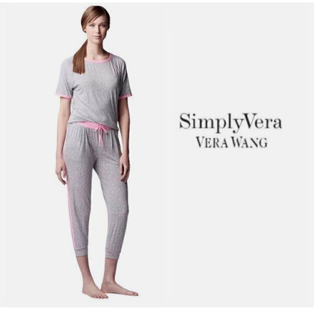 Simply Vera Wang Women Gray Pink Cropped Pockets Pajamas 2 Pc Set Sz Large Leopa